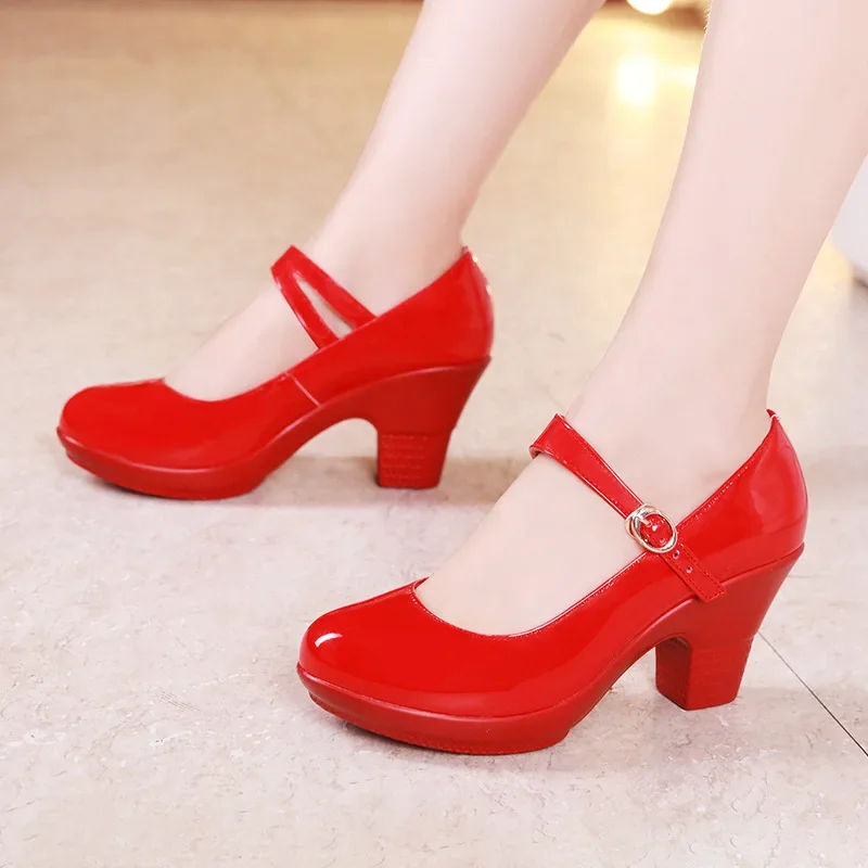 Leather Work Women Shoes - Zapatos de tacón medio tipo Mary